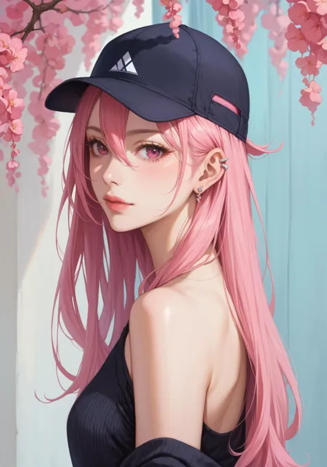 1girl, solo, long hair, looking at viewer, red eyes, hat, hair between eyes, closed mouth, jewelry, bare shoulders, upper body, pink hair, earrings, pink eyes, off shoulder, from side, lips, ear piercing, baseball cap, hair behind ear, black sweater, general,score_9,score_8_up,score_7_up,score_6_up,score_5_up,score_4_up,