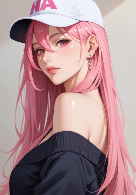 anime girl with pink hair wearing a baseball cap and black top