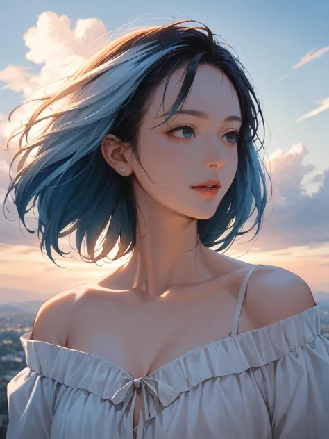 a woman with blue hair and a white top standing in front of a city