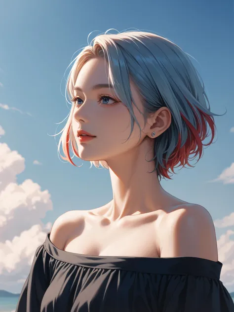 a woman with blue hair and a black top standing on a beach