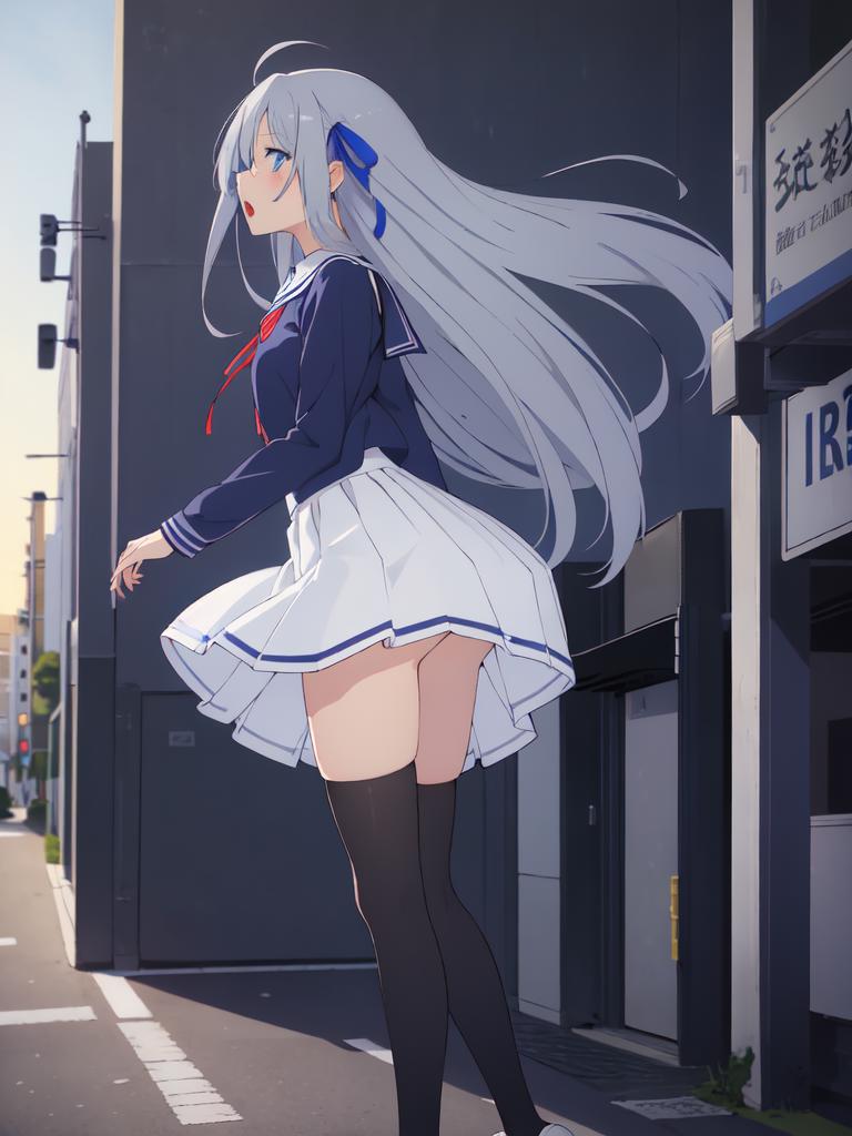 Anime girl in short skirt walking down the street in front of a building -  SeaArt AI