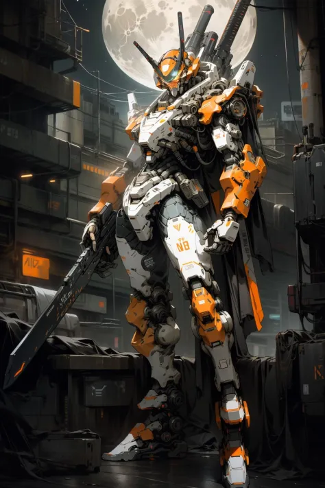 On the moon,barren planets, ruins, holding_weapon, no_humans, glowing, robot, building, glowing_eyes,orange mecha, science_fiction, city, realistic,mecha,Milky Way Galaxy background,full body,neon,cyberpunk,