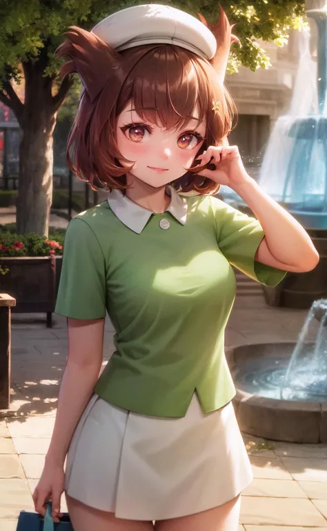 anime girl in green shirt and white skirt posing in front of fountain