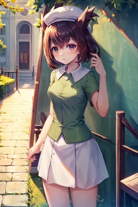 anime girl in uniform standing in front of a building