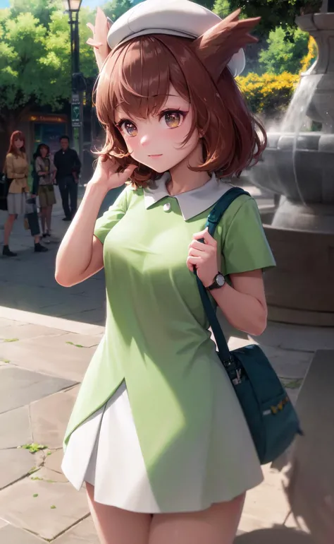 anime girl in green dress with cat ears and a purse