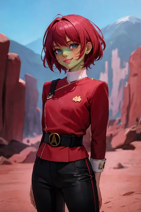 a woman in a red uniform standing in a desert area