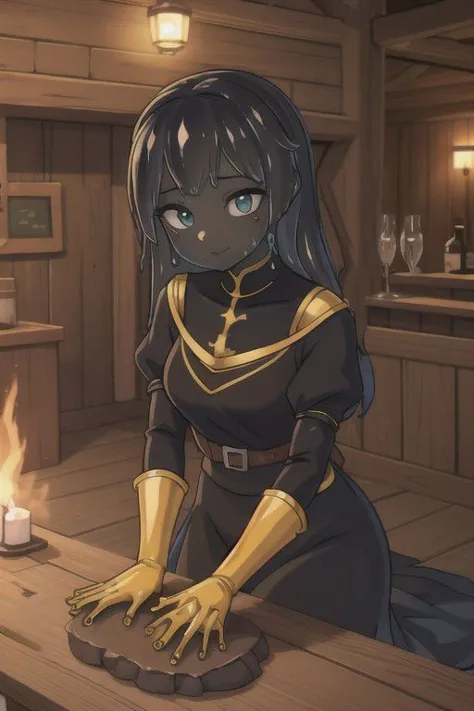 a 18 year old slime girl, black skin, medieval tavern