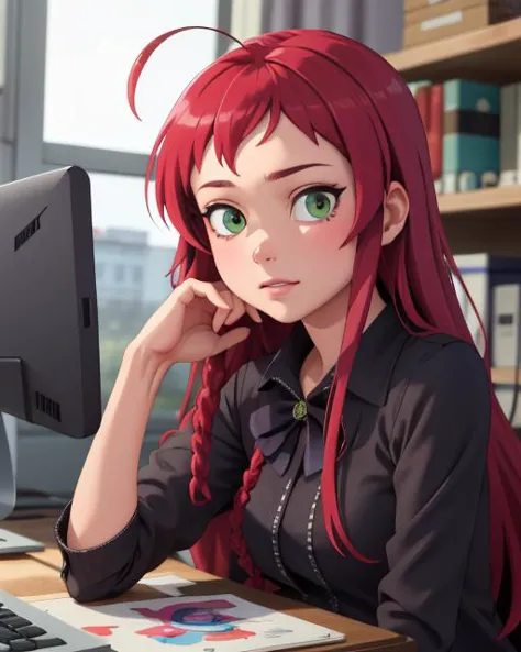 anime girl with red hair sitting at a desk with a computer