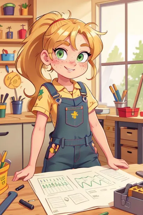 goldie_blox, green eyes, freckles, full body, ponytail, overalls, toolbox, working in workshop, table, looking on viewer, pupils