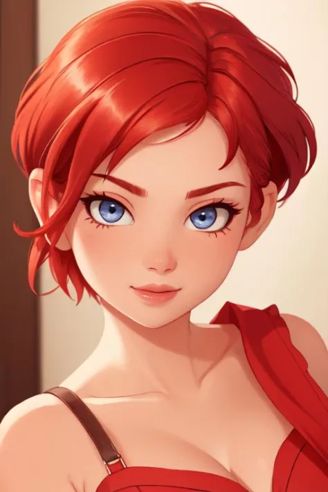 beautiful girl, close up,  face shot, woman, solo, sexy body, (cute:1.3), (([Hot red hair], [pixie bob], [crinoline])), realistic, (cute), (detailed face), detailed eyes, detailed iris, cameltoe,,