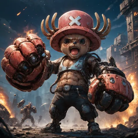 amazing quality, masterpiece, best quality, hyper detailed, ultra detailed, UHD, HDR, DOF, depth of field, perfect anatomy, sci-fi,
head of Tony Tony Chopper, blond hair, red giant mechanical arms, fighting stance, hand up, angry, boxing,
glowing, shine, dazzling, war, explosion in background, outstretched arm, outstretched hand,( night:1.2),
<lora:cfc-giant-mechanical-arms:0.8>,
<lora:Tony_Tony_Chopper_XL:0.4>, serious,
<lora:add-detail-xl:0.75>,
<lora:EnvyBetterHiresFixXL01:1.0>,
<lora:extremely_detailed:1.0>, extremely detailed,