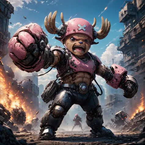 amazing quality, masterpiece, best quality, hyper detailed, ultra detailed, UHD, HDR, DOF, depth of field, perfect anatomy, sci-fi,
head of Tony Tony Chopper, blond hair, pink giant mechanical arms, fighting stance, hand up, angry,
(machine gun:1.4), glowing, shine, dazzling, war, explosion in background, outstretched arm, outstretched hand,
<lora:cfc-giant-mechanical-arms:0.8>,
<lora:Tony_Tony_Chopper_XL:0.4>, serious,
<lora:add-detail-xl:0.75>,
<lora:EnvyBetterHiresFixXL01:1.0>,
<lora:extremely_detailed:1.0>, extremely detailed,