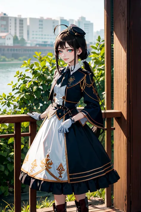 a close up of a woman in a dress and boots standing on a balcony