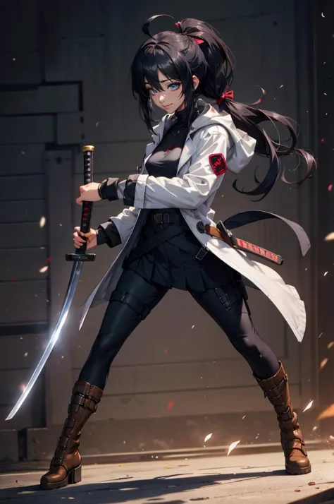 <lora:FAPoses2_2:1> female action poses, holding sword, dual wielding,, absurdres, ultra detailed, masterpiece, best quality, aesthetic, detailed,, katya1, solo, smile, 1girl, aqua eyes, black hair, <lora:low_ponytail-1.0:0.7> low ponytail, ahoge, absurdly long hair, very long hair, hair flaps, hair between eyes, bangs, crossed bangs, messy hair, small breasts, goggles on head, closed mouth,, hooded coat, open coat, turtleneck, pants, black knee boots, multiple straps, white coat, layered clothes, hair ribbon, pants under skirt,