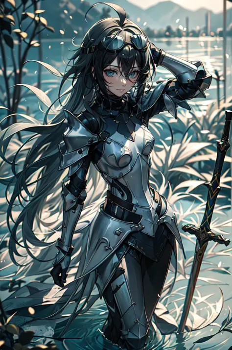 anime girl with sword in water with plants and mountains in background