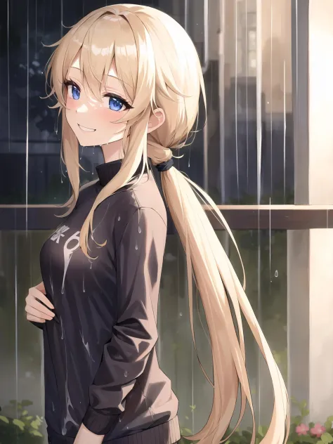 8k, masterpiece, highly detailed, 1girl, (low ponytail), <lora:low_ponytail-1.0:0.8>, (raining), very long hair, blonde, drenched, smiling, casual jumper, wet clothes