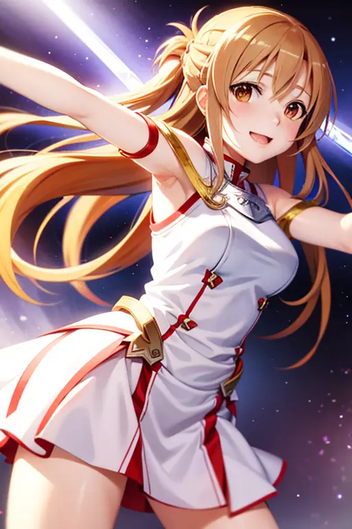 asuna,sourire léger,Sexy,épée, tenant une arme, robe blanche, armure, Cheveux flottants, jupe rouge, holding épée, bras tendu, meilleure qualité