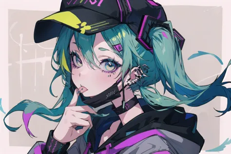 anime girl with blue hair wearing a baseball cap and a black jacket