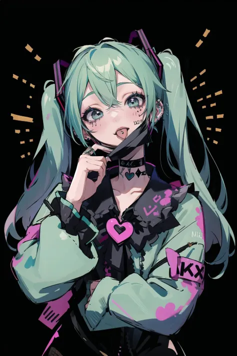 (hatsune_miku:1.2),   <lora:Saya-tongue piercing:1> (tongue piercing:1.2), tongue ,(tongue out:1.2), <lora:MaskPullV1:1>, black mask_pull,   <lora:Graffiti:.5>, Graffiti, ear piercing ,  makeup, <lora:tattobackground:.2:BG>,  tattoo full body, graffiti wall ,choker shot, choker,close up