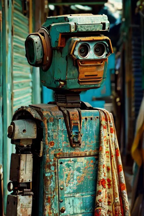 highly insanely detailed, masterpiece, top quality, best quality, highres, 4k, 8k, RAW photo, (very aesthetic, beautiful and aesthetic), <lora:style of Steve McCurry 173:0.9>, illustration, style of Steve McCurry, portrait of Housework robots, 
âââ