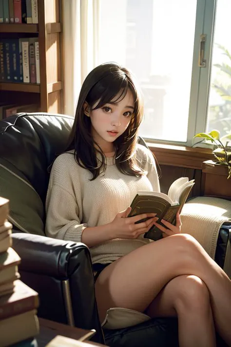 portrait of a girl sitting by a window, ((reading a book)), environment that is highly detailed and realistic.
,(Clutter-home)