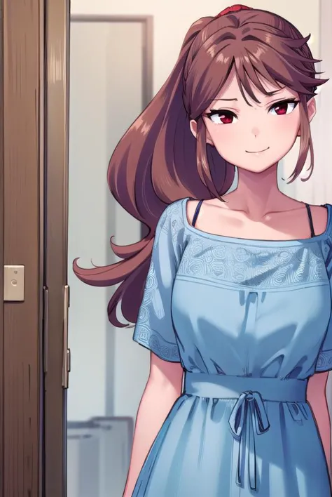 anime girl in blue dress standing in front of a door