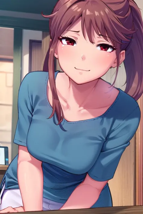 osananajimimei, osananajimi mei, long hair, brown hair, ponytail, sidelocks, (red eyes:1.5), smile,
BREAK dress, collarbone, blue dress,
BREAK indoors,
BREAK looking at viewer, (cowboy shot:1.5),
BREAK (masterpiece:1.2), best quality, high resolution, unity 8k wallpaper, (illustration:0.8), (beautiful detailed eyes:1.6), extremely detailed face, perfect lighting, extremely detailed CG, (perfect hands, perfect anatomy),