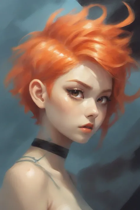 digital painting, 1girl, woman, pastel punk bad girl, [:creative, revealing costume design,:0.2], punk hair, red-orange hair, pi...