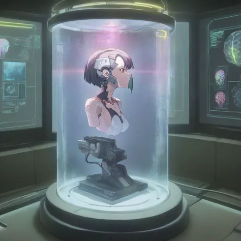 masterpiece, (best quality), highly detailed, ultra-detailed, anime,
display stand for a Kusanagi Motoko with details of brain,
formalin-fixed_brain, 1girl, cyborg girl, upper body, brain in tank, brain and photo, cyberpunk background, Motoko Kusanagi