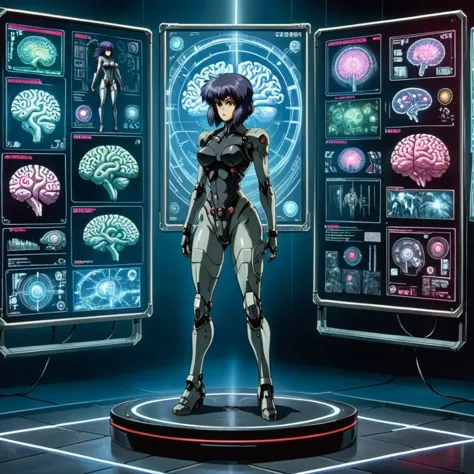 masterpiece, (best quality), highly detailed, ultra-detailed, anime,
display stand for a Kusanagi Motoko with details of brain,
formalin-fixed_brain, 1girl, cyborg girl, full body, brain in tank, brain and photo, cyberpunk background, Motoko Kusanagi, retanime, adult woman, 80s, anizont,