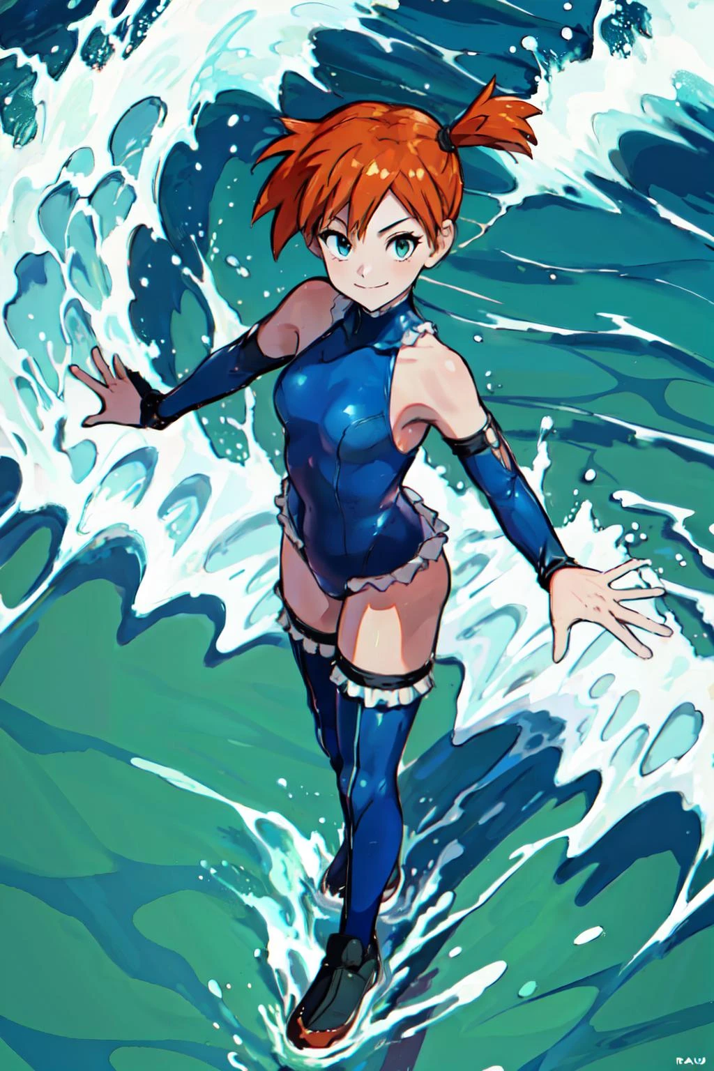 marierose,frilled swimsuit,thighhighs,detached sleeves, misty \(pokemon\), side ponytail, ocean,water wall, standing, wave, water magic, orange hair, spread arms,
(best quality, masterpiece, RAW photo,ultra-detailed:1.2), 1girl,solo,looking at viewer,smile