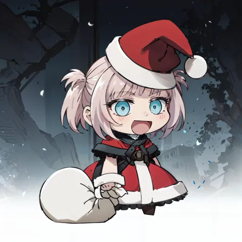 <lora:chara_YofukashiNoUta_NanakusaNazusa_v3:0.8> nanakusa nazuna <lora:padoru_meme:0.8> padoru meme, holding sack,chibi,:d,santa hat