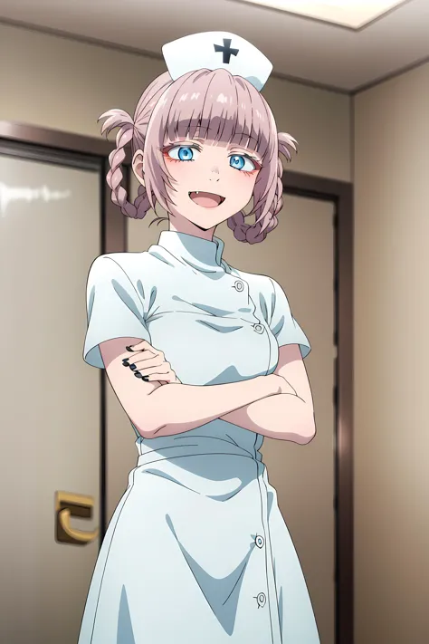 best quality, masterpiece, detailed,
<lora:YofukashiNoUta_NanakusaNazuna:0.9>, NanakusaNazuna,
1girl, open mouth, smile,
pink hair, short hair, blunt bangs, braid, hair rings, blue eyes, fang,
NanakusaNurse, white dress, nurse cap,
crossed arms, looking at viewer,
indoors