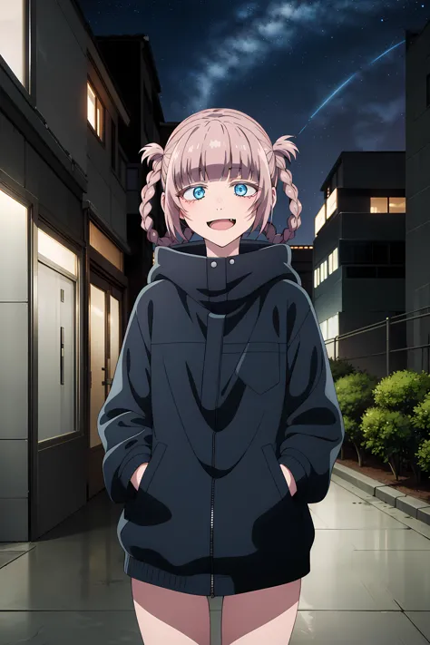 best quality, masterpiece, detailed,
<lora:YofukashiNoUta_NanakusaNazuna:0.9>, NanakusaNazuna,
1girl, open mouth, smile,
pink hair, short hair, blunt bangs, braid, hair rings, blue eyes, fang,
NanakusaJacket, jacket, hood,
looking at viewer, hand in pocket, thigh gap,
outdoors, city, night, starry sky