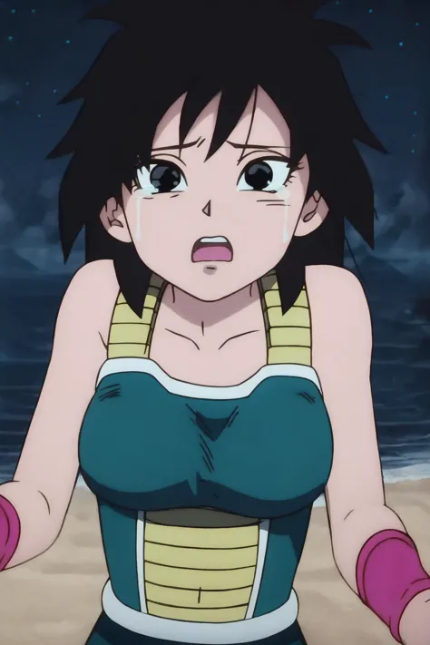 source_anime, score_9,score_8_up, score_7_up,  ginedb, anime screencap, 
1girl, solo, breasts, looking at viewer, open mouth, night, black hair, sand, bare shoulders, medium breasts, collarbone, upper body, teeth, black eyes, tearing up, fingernails, eyelashes, pink wristband, d:, saiyan armor, green skirt, eyebrows, green saiyan armor, moonlight, 
 <lora:gine_pony_v1:1>