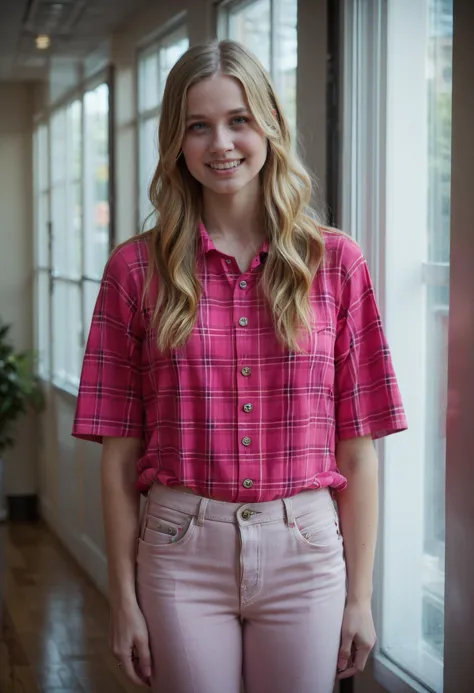 a woman standing in front of a window wearing pink pants and a pink shirt