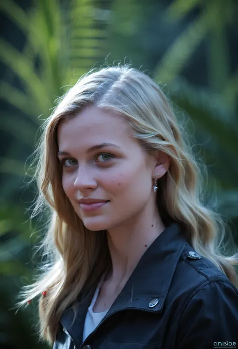 a close up of a woman with long hair and a black jacket