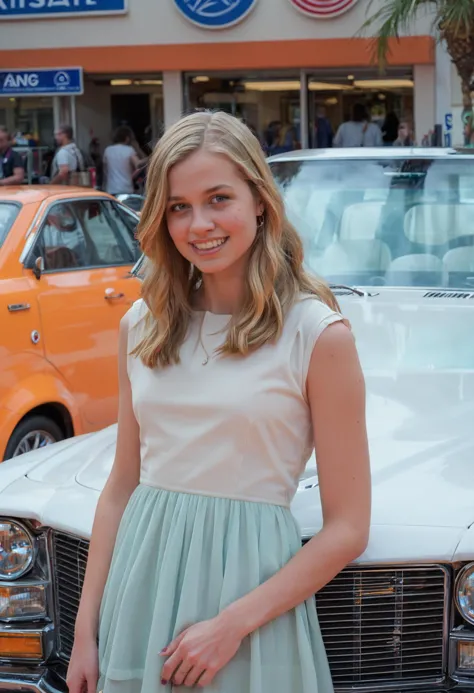 arafed woman in a dress standing in front of a car