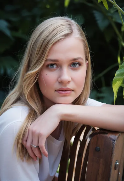 blonde woman sitting on a bench with her hand on her chin