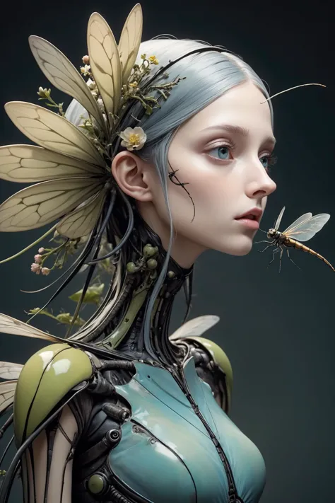 Abstract style a mantisch beetle with a long nose and a long nose,a mantisch beetle with a long nose and a mantisch beetle with a man,hg giger flora borsi,photo of slim girl,membrane wings,trending on pinteresst,humanoids overgrown with flowers,dragonfly-like,