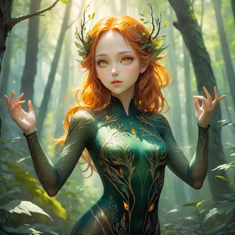 ethereal fantasy concept art of  beautiful forest woman,bodysuit,upper body,hand up,Amber eyes, . magnificent