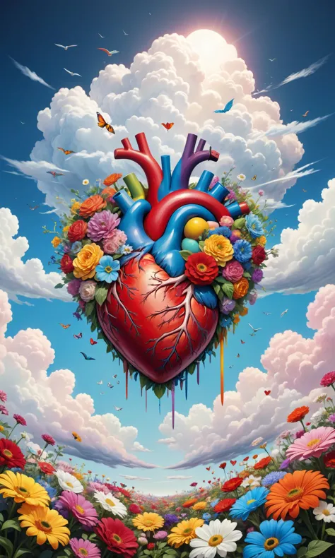 a heart in the sky with flowers and clouds,hyperrealistic fantasy art,vivid colors anatomical,masterful digital art,inspired by ...
