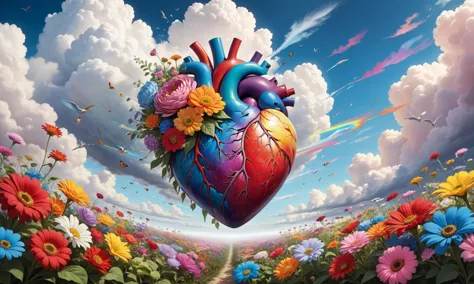 a heart in the sky with flowers and clouds,hyperrealistic fantasy art,vivid colors anatomical,masterful digital art,inspired by Julian Hatton,insanely highly detailed artwork,okuda sam miguel,intense emotional power,connectedness,inspired by Peter Wtewael,