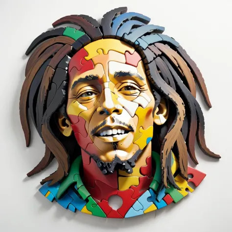 Bob Marley bust made from multicolored jigsaw pieces, <lora:Style_JigsawXL:0.8>