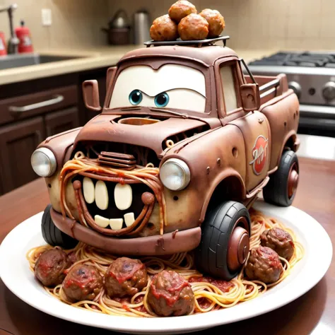 Tow Mater from The Cars movie, made of <lora:MMM_Pasta-000009:0.8>, meatballs, steam, spaghetti,