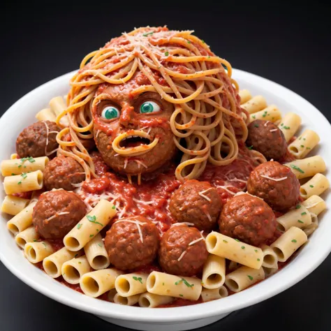 a gaming PC made of pasta, marinara sauce, meatballs, <lora:MMM_Pasta:0.8>