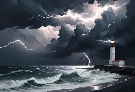 digital illustration, ocean, lighthouse, storm, lightning, waves, cloudy sky, distant shoreline,  <lora:Maximalist_Drawing_BW:0....