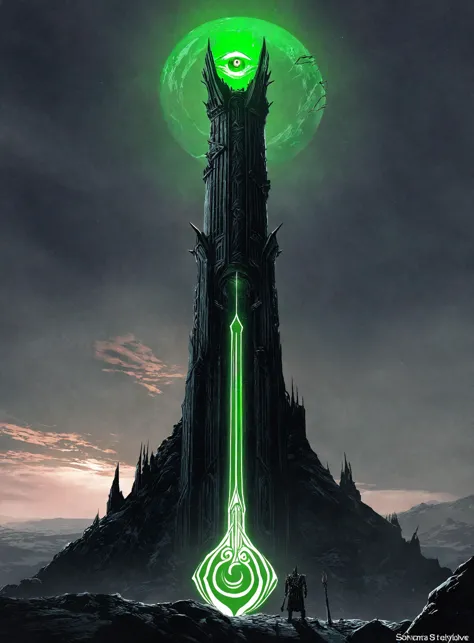 sauron's tower in green team santa ai overlord style with a green glowing eye <lora:AI_Overlord_Santas_-_The_Green_Team_LoRA:0.8...