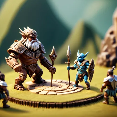 tiny druidic robot fighting an ogre with a spear, isometric, miniature, tilt shift