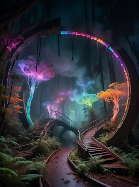 cinematic photo, tall tech curved structures, vibrant colors, glowing light, bioluminescent forest, (colored smoke dripping from...